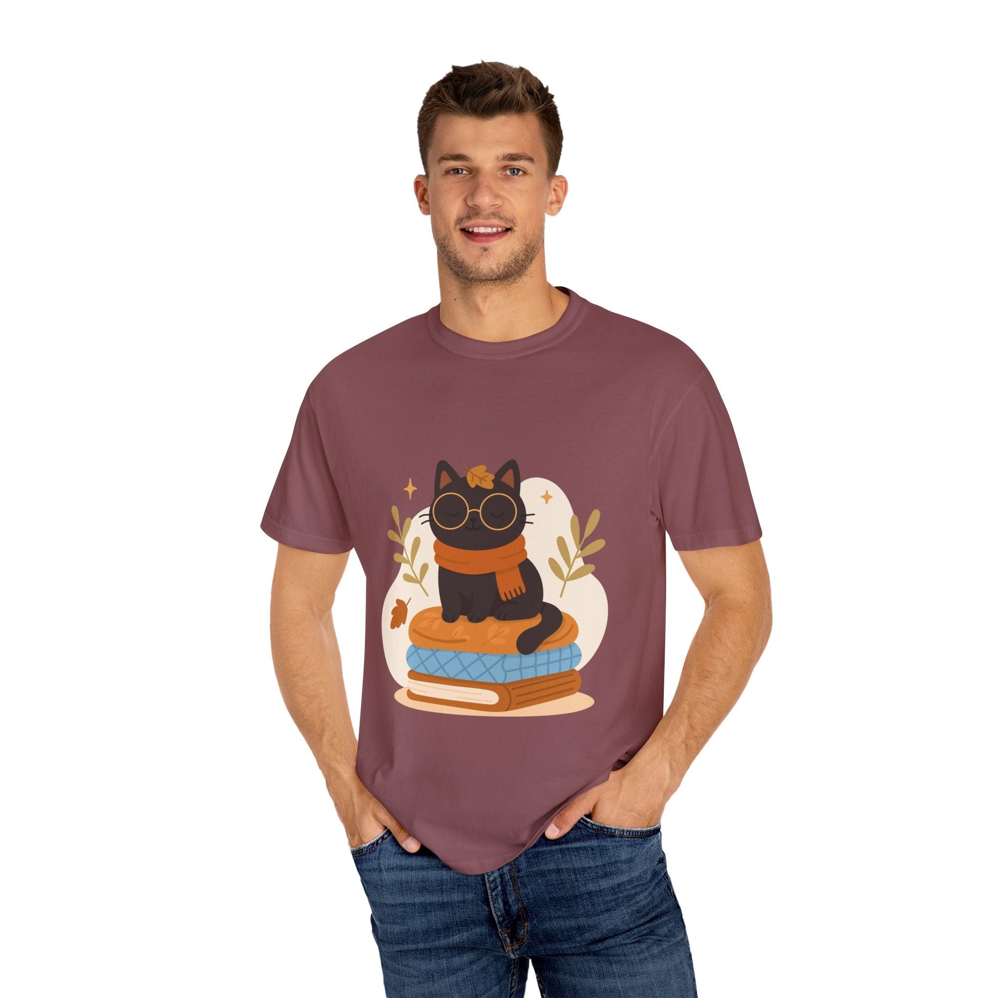 Charming Cat Graphic T-Shirt, Cozy Autumn Tee with Books and Glasses, Perfect for Cat Lovers, Gift for Bookworms, Unisex Fall Fashion - MaisonThreadory