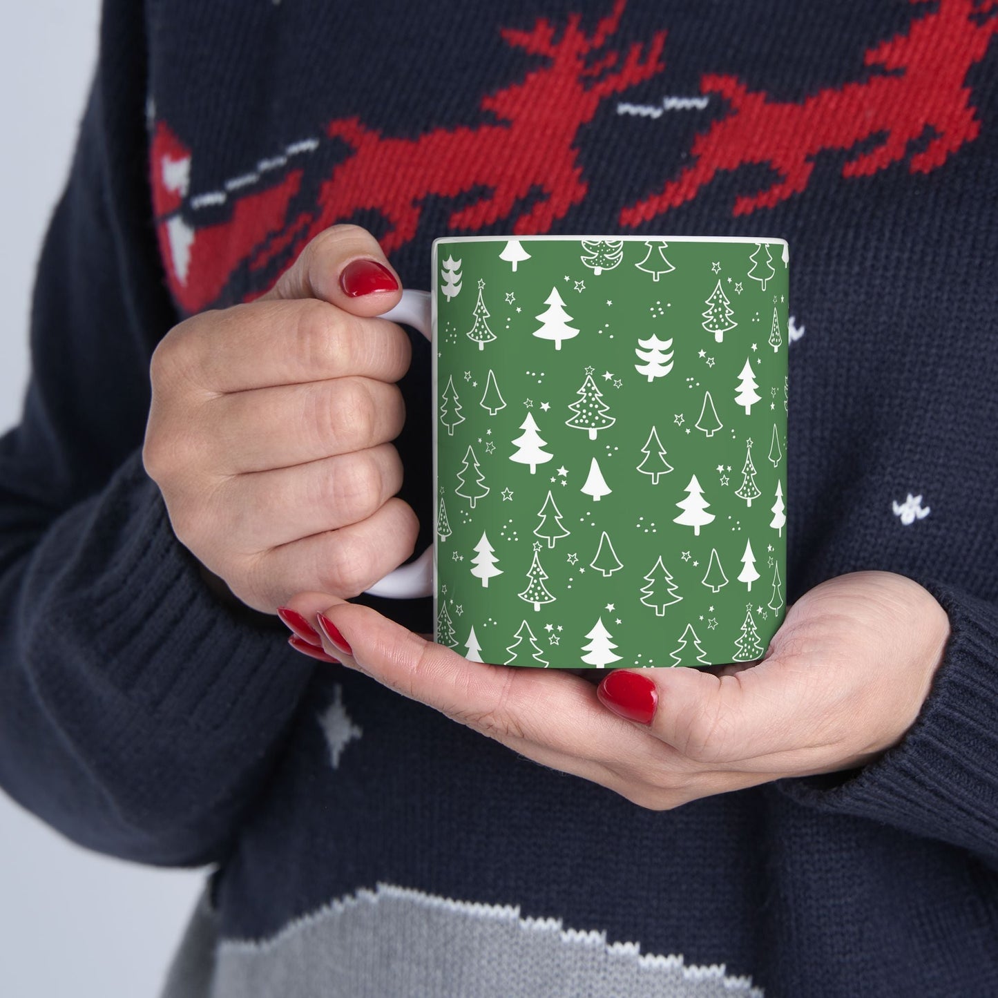 Festive Green Trees Ceramic Mug | Christmas Gifts, Coffee Lover Mug, Holiday Drinkware, Eco - Friendly Gift, Winter Decor - MaisonThreadory