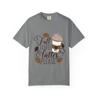 Fall Leaves & Lattes Unisex T-Shirt, Cozy Autumn Tee, Perfect for Fall, Coffee Lovers Gift, Seasonal Fashion Statement, Thanksgiving Shirt - MaisonThreadory