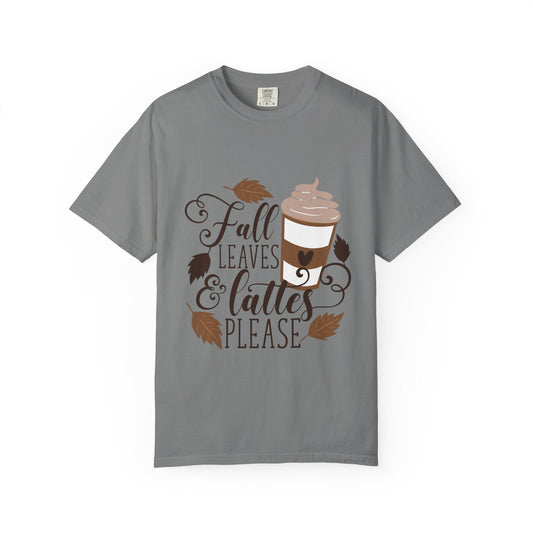 Fall Leaves & Lattes Unisex T-Shirt, Cozy Autumn Tee, Perfect for Fall, Coffee Lovers Gift, Seasonal Fashion Statement, Thanksgiving Shirt - MaisonThreadory