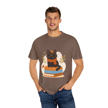 Charming Cat Graphic T-Shirt, Cozy Autumn Tee with Books and Glasses, Perfect for Cat Lovers, Gift for Bookworms, Unisex Fall Fashion - MaisonThreadory