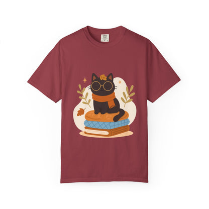 Charming Cat Graphic T-Shirt, Cozy Autumn Tee with Books and Glasses, Perfect for Cat Lovers, Gift for Bookworms, Unisex Fall Fashion - MaisonThreadory