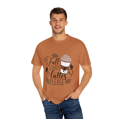 Fall Leaves & Lattes Unisex T-Shirt, Cozy Autumn Tee, Perfect for Fall, Coffee Lovers Gift, Seasonal Fashion Statement, Thanksgiving Shirt - MaisonThreadory