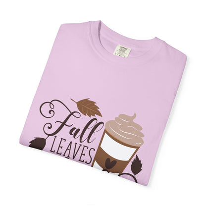 Fall Leaves & Lattes Unisex T-Shirt, Cozy Autumn Tee, Perfect for Fall, Coffee Lovers Gift, Seasonal Fashion Statement, Thanksgiving Shirt - MaisonThreadory