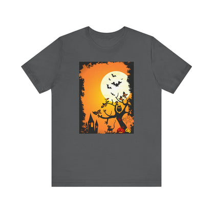 Halloween - Themed Unisex Tee, Spooky T-Shirt, Graphic Halloween Shirt, Fall Apparel, October Celebrations, Pumpkin and Bat Design - MaisonThreadory