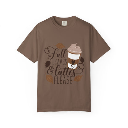 Fall Leaves & Lattes Unisex T-Shirt, Cozy Autumn Tee, Perfect for Fall, Coffee Lovers Gift, Seasonal Fashion Statement, Thanksgiving Shirt - MaisonThreadory