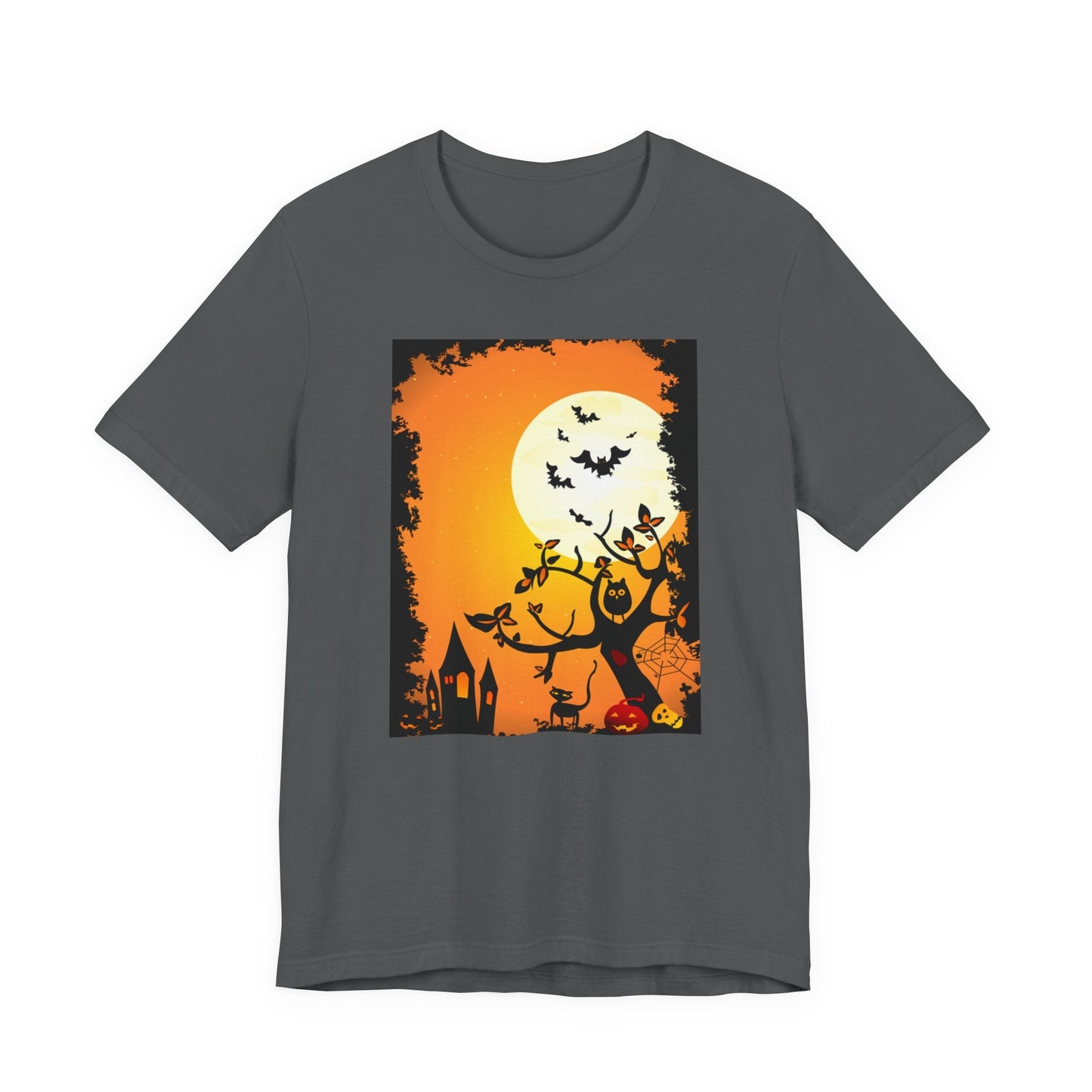 Halloween - Themed Unisex Tee, Spooky T-Shirt, Graphic Halloween Shirt, Fall Apparel, October Celebrations, Pumpkin and Bat Design - MaisonThreadory