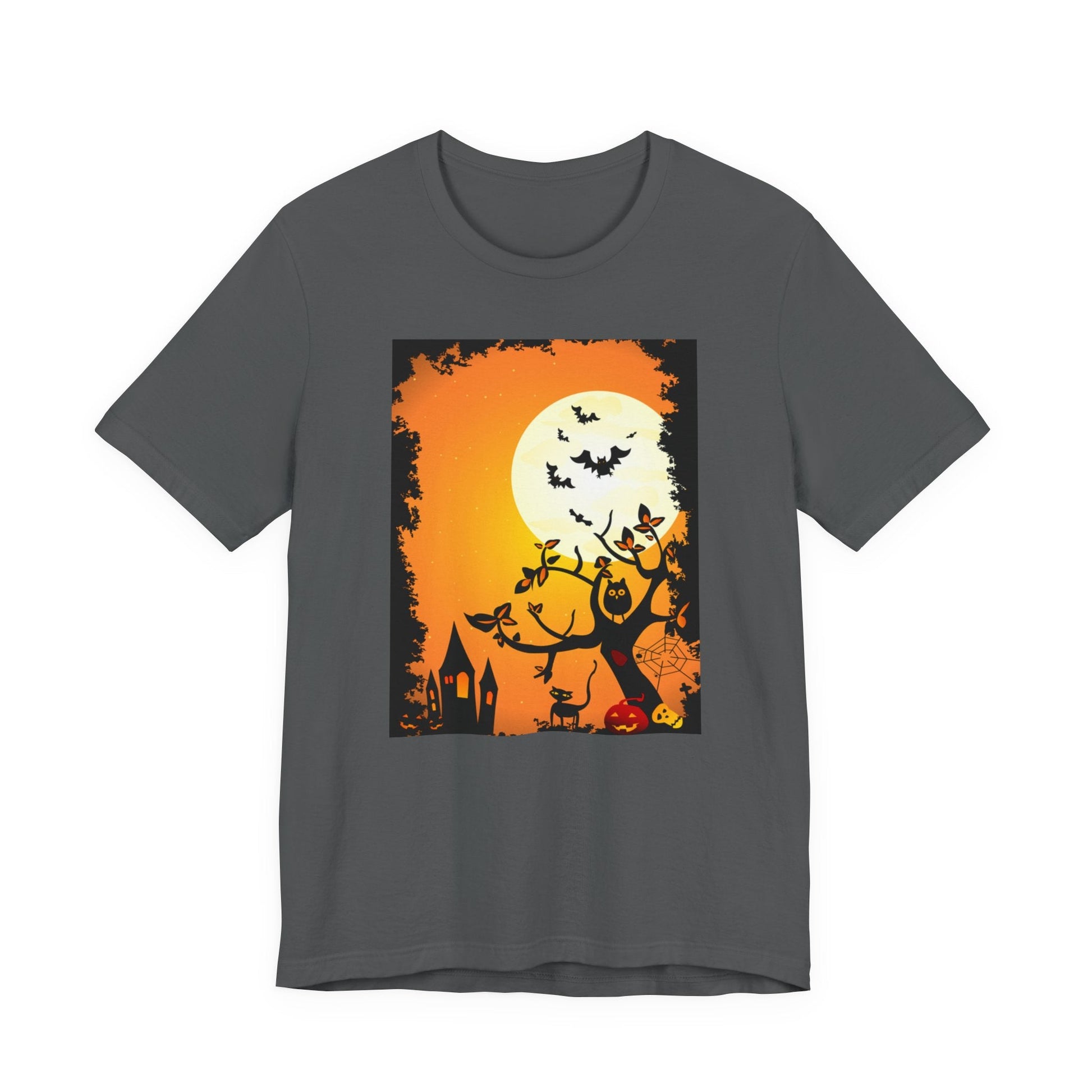 Halloween - Themed Unisex Tee, Spooky T-Shirt, Graphic Halloween Shirt, Fall Apparel, October Celebrations, Pumpkin and Bat Design - MaisonThreadory
