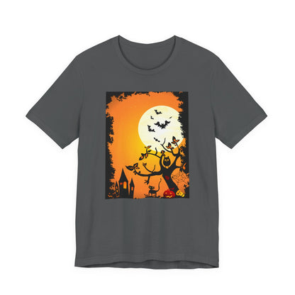 Halloween - Themed Unisex Tee, Spooky T-Shirt, Graphic Halloween Shirt, Fall Apparel, October Celebrations, Pumpkin and Bat Design - MaisonThreadory