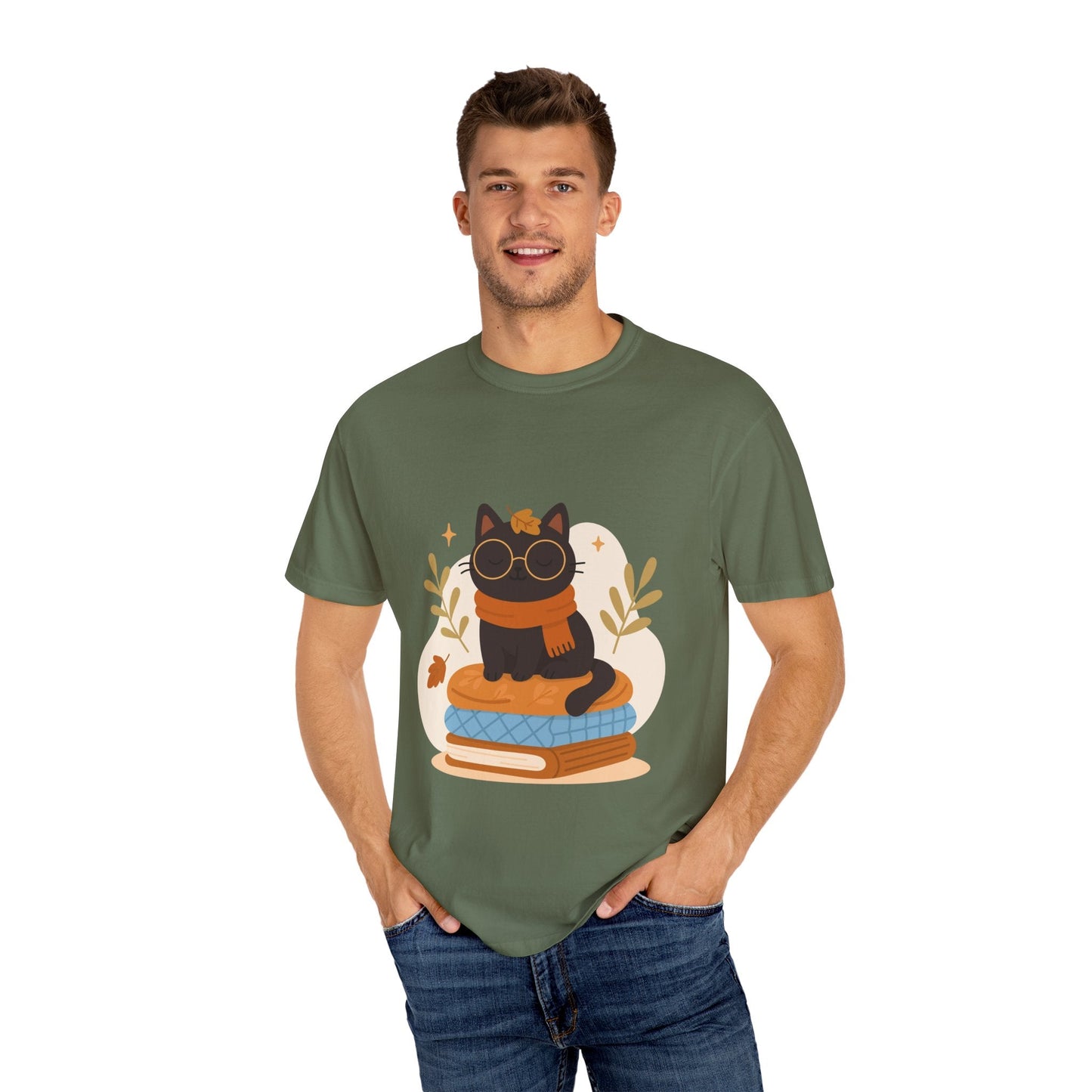 Charming Cat Graphic T-Shirt, Cozy Autumn Tee with Books and Glasses, Perfect for Cat Lovers, Gift for Bookworms, Unisex Fall Fashion - MaisonThreadory