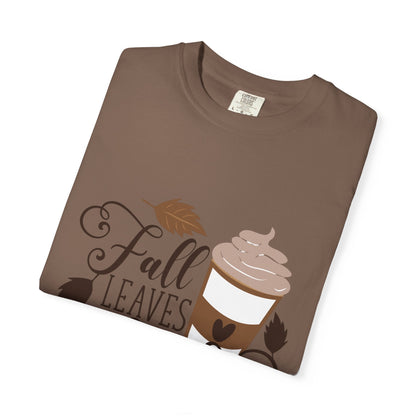 Fall Leaves & Lattes Unisex T-Shirt, Cozy Autumn Tee, Perfect for Fall, Coffee Lovers Gift, Seasonal Fashion Statement, Thanksgiving Shirt - MaisonThreadory