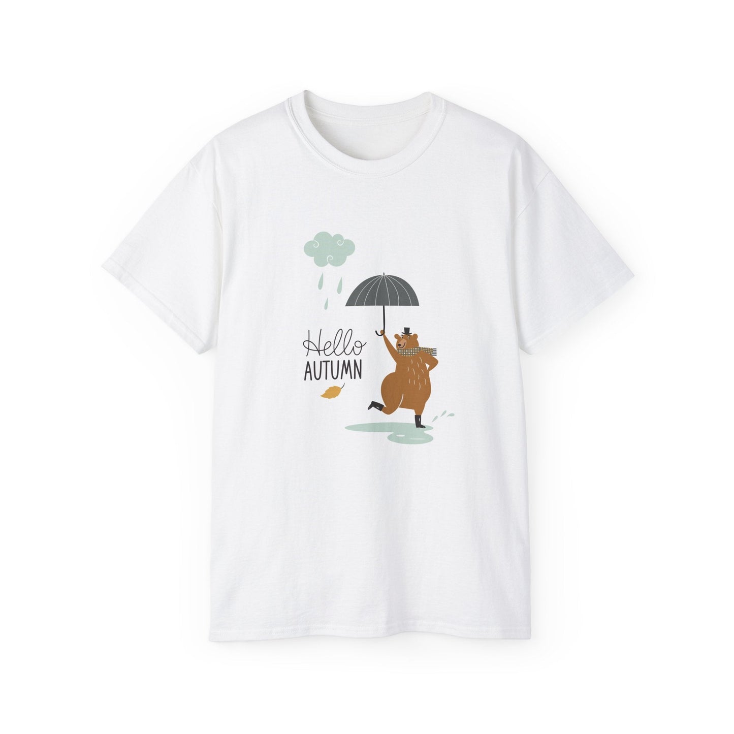 Hello Autumn Bear T-Shirt, Unisex Cotton Tee, Fall Apparel, Cute Gift for Nature Lovers, Seasonal Fashion, Cozy Autumn Wear - MaisonThreadory