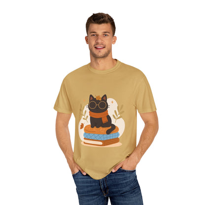 Charming Cat Graphic T-Shirt, Cozy Autumn Tee with Books and Glasses, Perfect for Cat Lovers, Gift for Bookworms, Unisex Fall Fashion - MaisonThreadory
