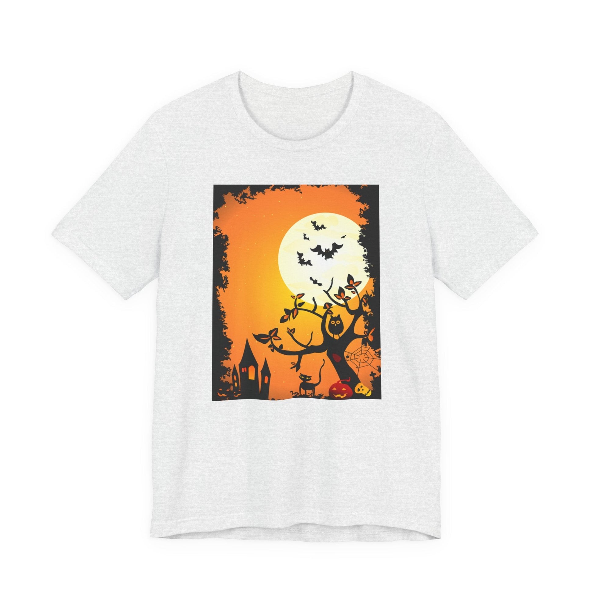 Halloween - Themed Unisex Tee, Spooky T-Shirt, Graphic Halloween Shirt, Fall Apparel, October Celebrations, Pumpkin and Bat Design - MaisonThreadory
