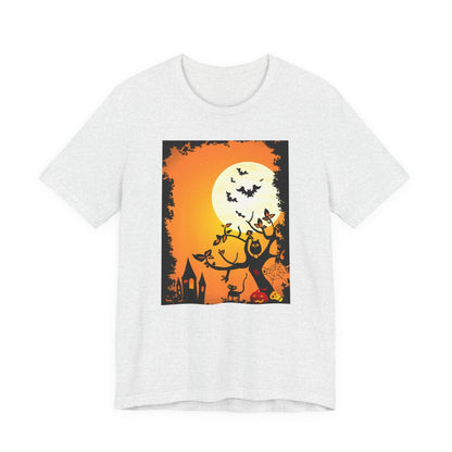 Halloween - Themed Unisex Tee, Spooky T-Shirt, Graphic Halloween Shirt, Fall Apparel, October Celebrations, Pumpkin and Bat Design - MaisonThreadory