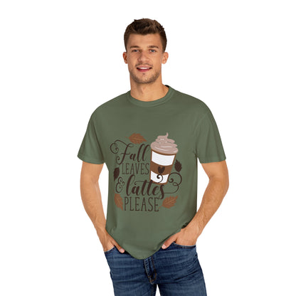 Fall Leaves & Lattes Unisex T-Shirt, Cozy Autumn Tee, Perfect for Fall, Coffee Lovers Gift, Seasonal Fashion Statement, Thanksgiving Shirt - MaisonThreadory