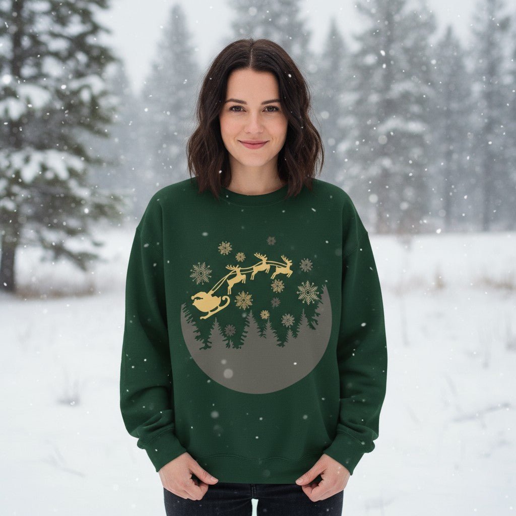 Cozy Holiday Crewneck Sweatshirt with Santa and Reindeer Design - MaisonThreadory