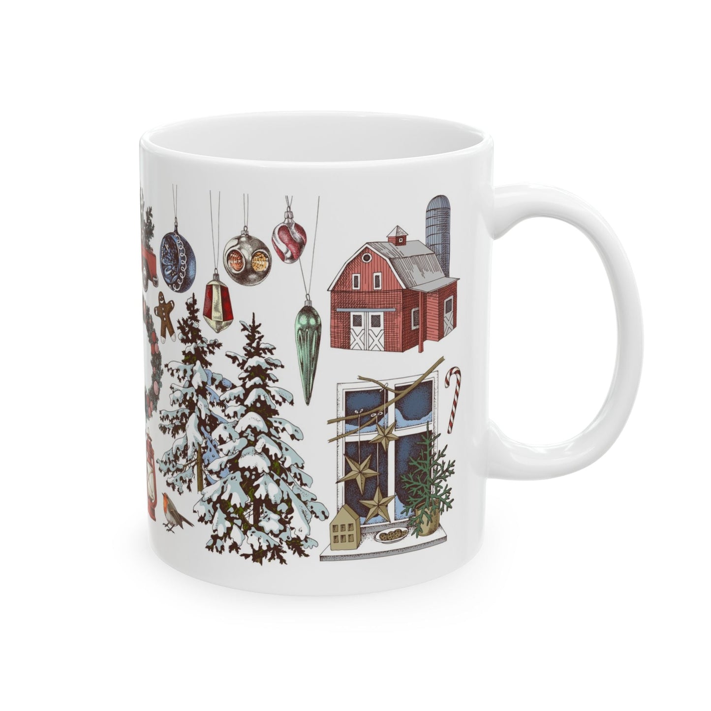 Festive Ceramic Mug - Christmas Nature Designs, Holiday Gift for Coffee Lovers, Winter Decor, Hot Cocoa Mug, Tree and Truck Art - MaisonThreadory