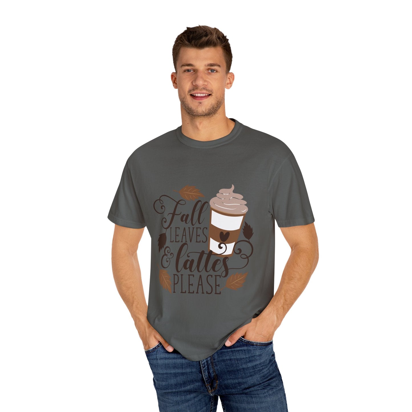 Fall Leaves & Lattes Unisex T-Shirt, Cozy Autumn Tee, Perfect for Fall, Coffee Lovers Gift, Seasonal Fashion Statement, Thanksgiving Shirt - MaisonThreadory