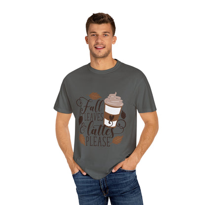 Fall Leaves & Lattes Unisex T-Shirt, Cozy Autumn Tee, Perfect for Fall, Coffee Lovers Gift, Seasonal Fashion Statement, Thanksgiving Shirt - MaisonThreadory