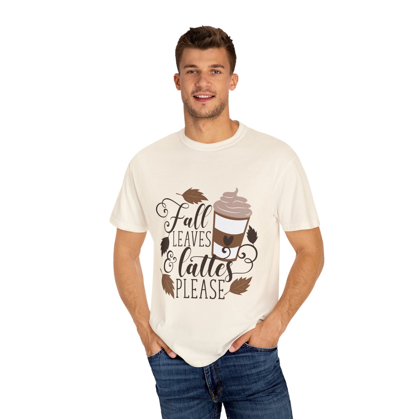 Fall Leaves & Lattes Unisex T-Shirt, Cozy Autumn Tee, Perfect for Fall, Coffee Lovers Gift, Seasonal Fashion Statement, Thanksgiving Shirt - MaisonThreadory