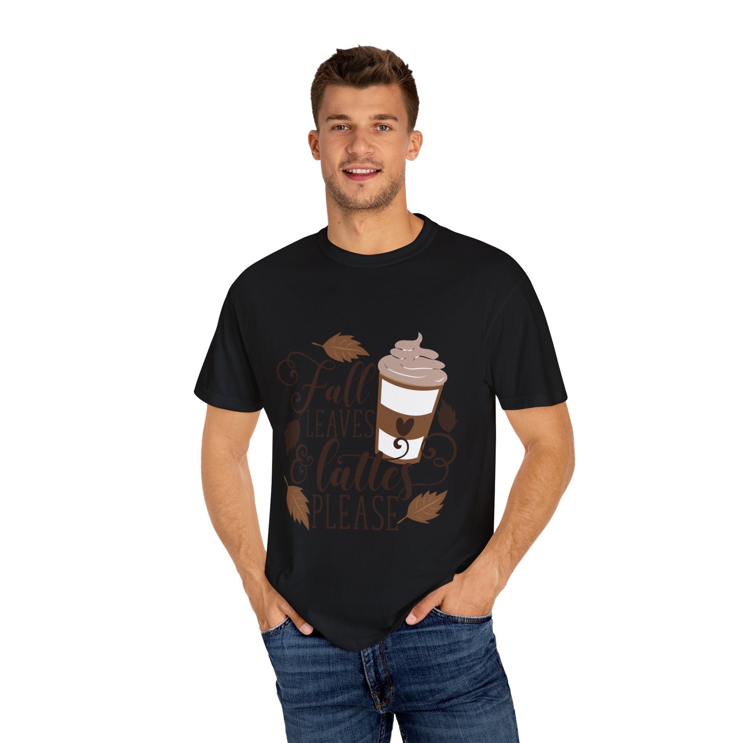 Fall Leaves & Lattes Unisex T-Shirt, Cozy Autumn Tee, Perfect for Fall, Coffee Lovers Gift, Seasonal Fashion Statement, Thanksgiving Shirt - MaisonThreadory