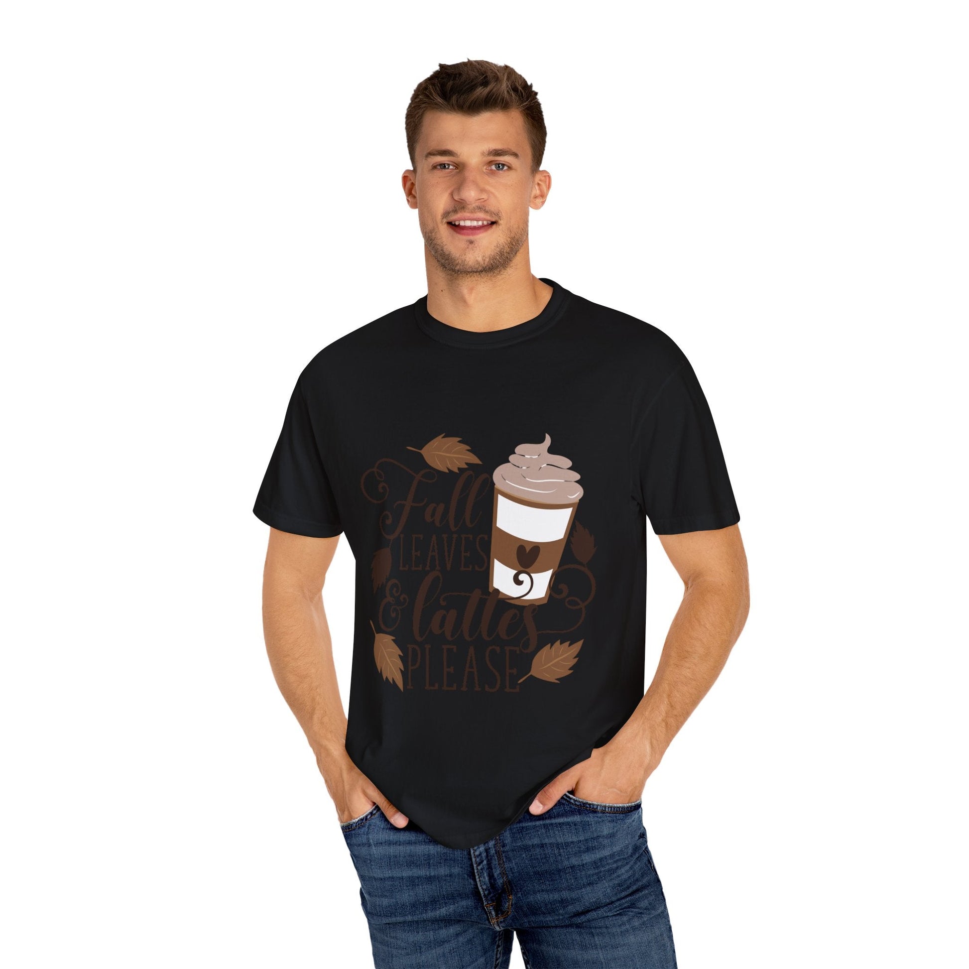 Fall Leaves & Lattes Unisex T-Shirt, Cozy Autumn Tee, Perfect for Fall, Coffee Lovers Gift, Seasonal Fashion Statement, Thanksgiving Shirt - MaisonThreadory