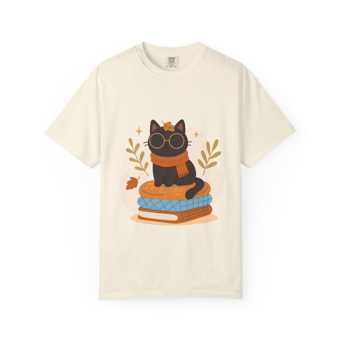 Charming Cat Graphic T-Shirt, Cozy Autumn Tee with Books and Glasses, Perfect for Cat Lovers, Gift for Bookworms, Unisex Fall Fashion - MaisonThreadory