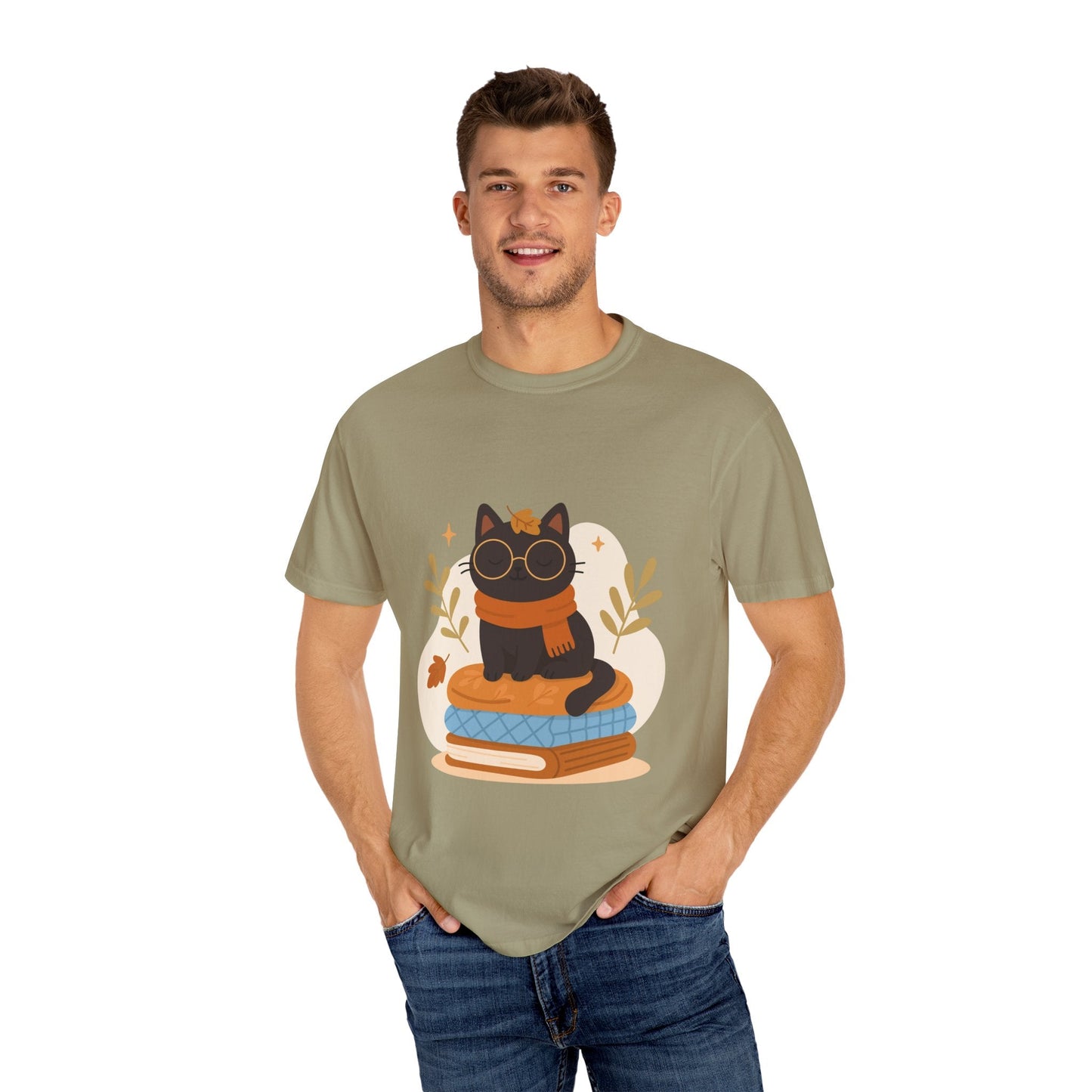 Charming Cat Graphic T-Shirt, Cozy Autumn Tee with Books and Glasses, Perfect for Cat Lovers, Gift for Bookworms, Unisex Fall Fashion - MaisonThreadory