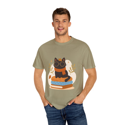 Charming Cat Graphic T-Shirt, Cozy Autumn Tee with Books and Glasses, Perfect for Cat Lovers, Gift for Bookworms, Unisex Fall Fashion - MaisonThreadory