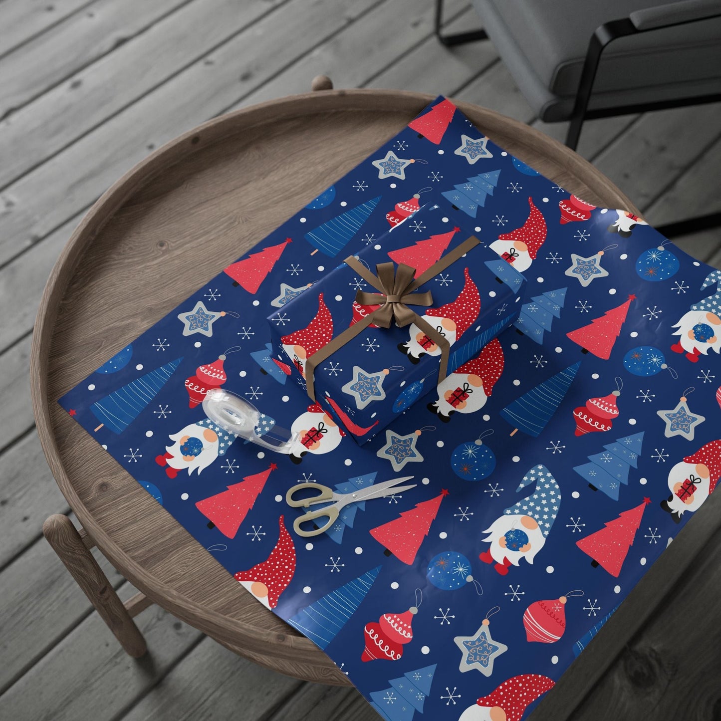 Christmas Gnome Wrapping Paper Roll — Blue Holiday Gift Wrap with Trees & Ornaments - MaisonThreadory