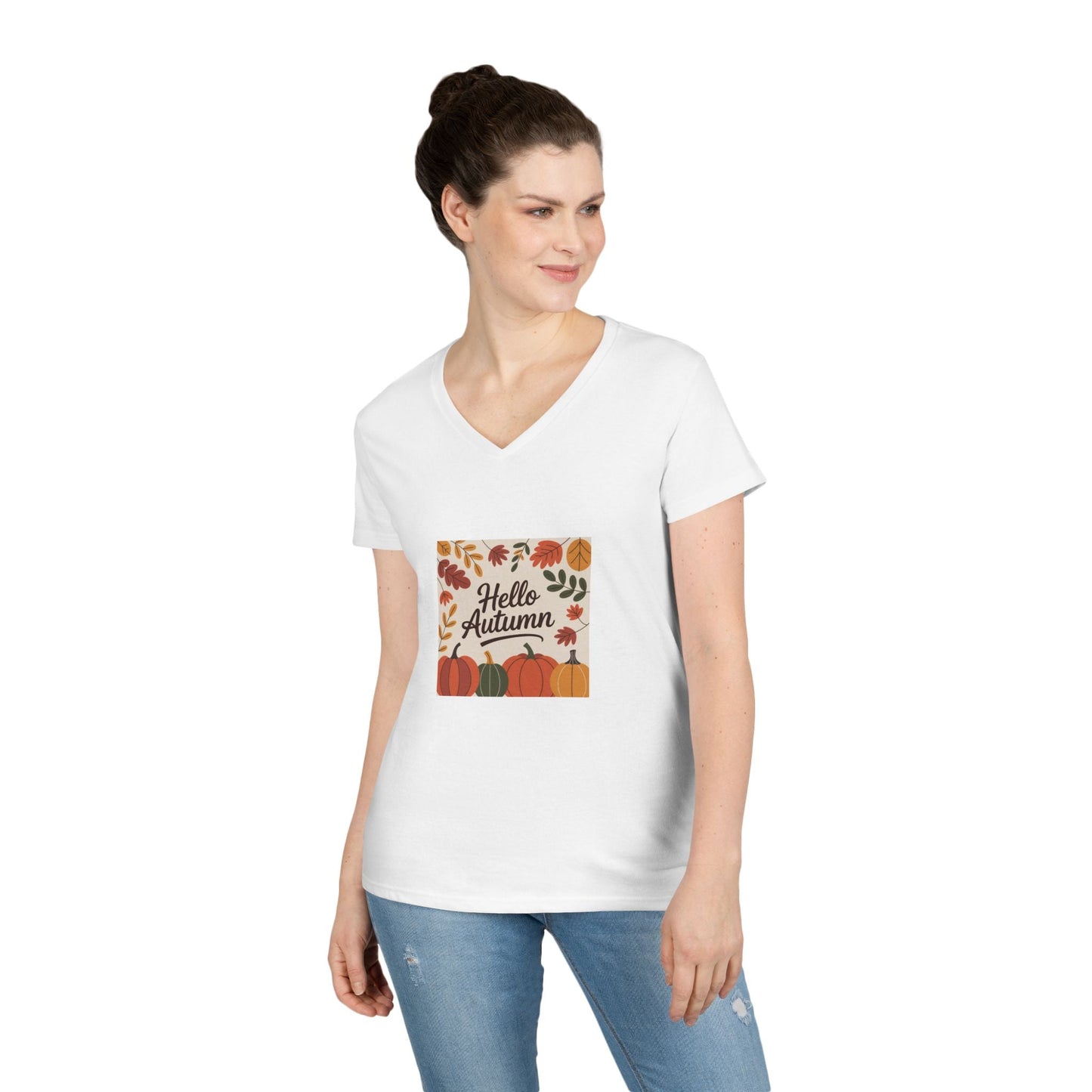 Autumn V - Neck Tee - Hello Autumn, Fall Fashion, Seasonal Top, Thanksgiving Shirt, Cozy Autumn Wear - MaisonThreadory