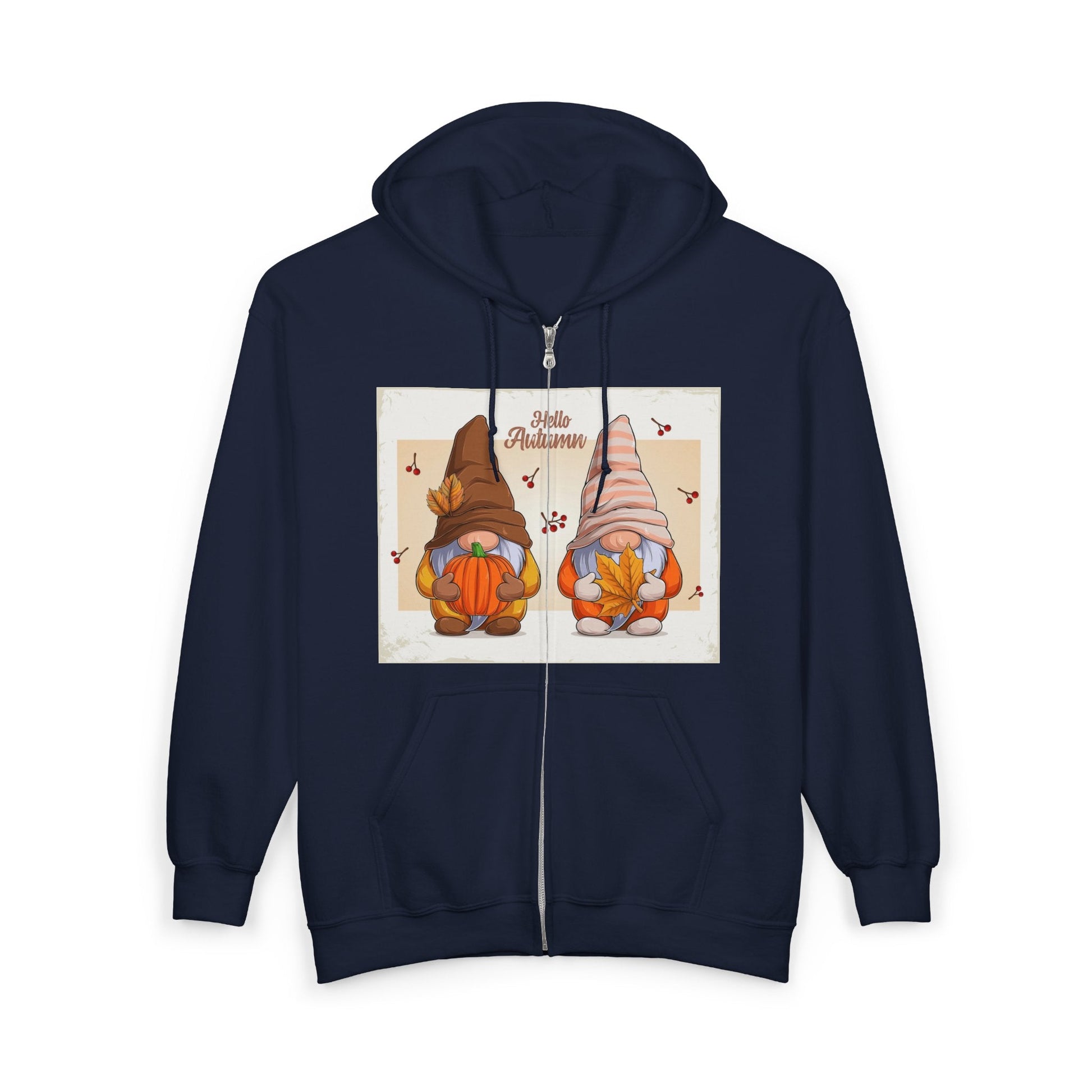 Autumn Gnome Full Zip Hoodie | Cozy Fall Wear, Gift for Gnome Lovers, Halloween Sweatshirt, Thanksgiving Apparel, Seasonal Fashion - MaisonThreadory