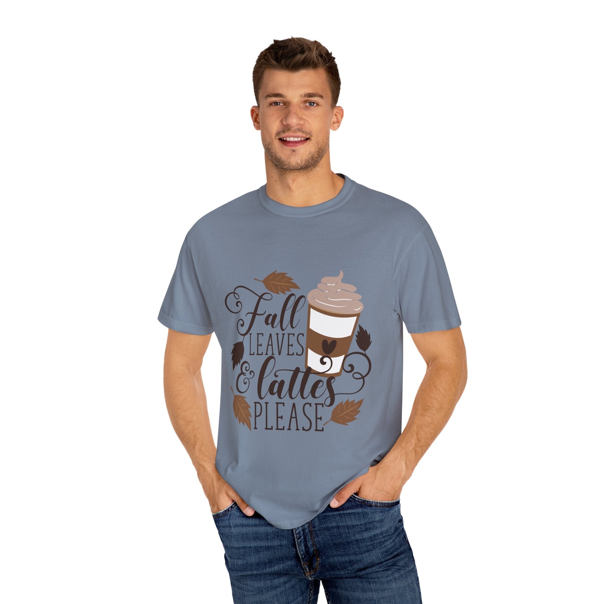 Fall Leaves & Lattes Unisex T-Shirt, Cozy Autumn Tee, Perfect for Fall, Coffee Lovers Gift, Seasonal Fashion Statement, Thanksgiving Shirt - MaisonThreadory