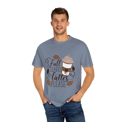 Fall Leaves & Lattes Unisex T-Shirt, Cozy Autumn Tee, Perfect for Fall, Coffee Lovers Gift, Seasonal Fashion Statement, Thanksgiving Shirt - MaisonThreadory