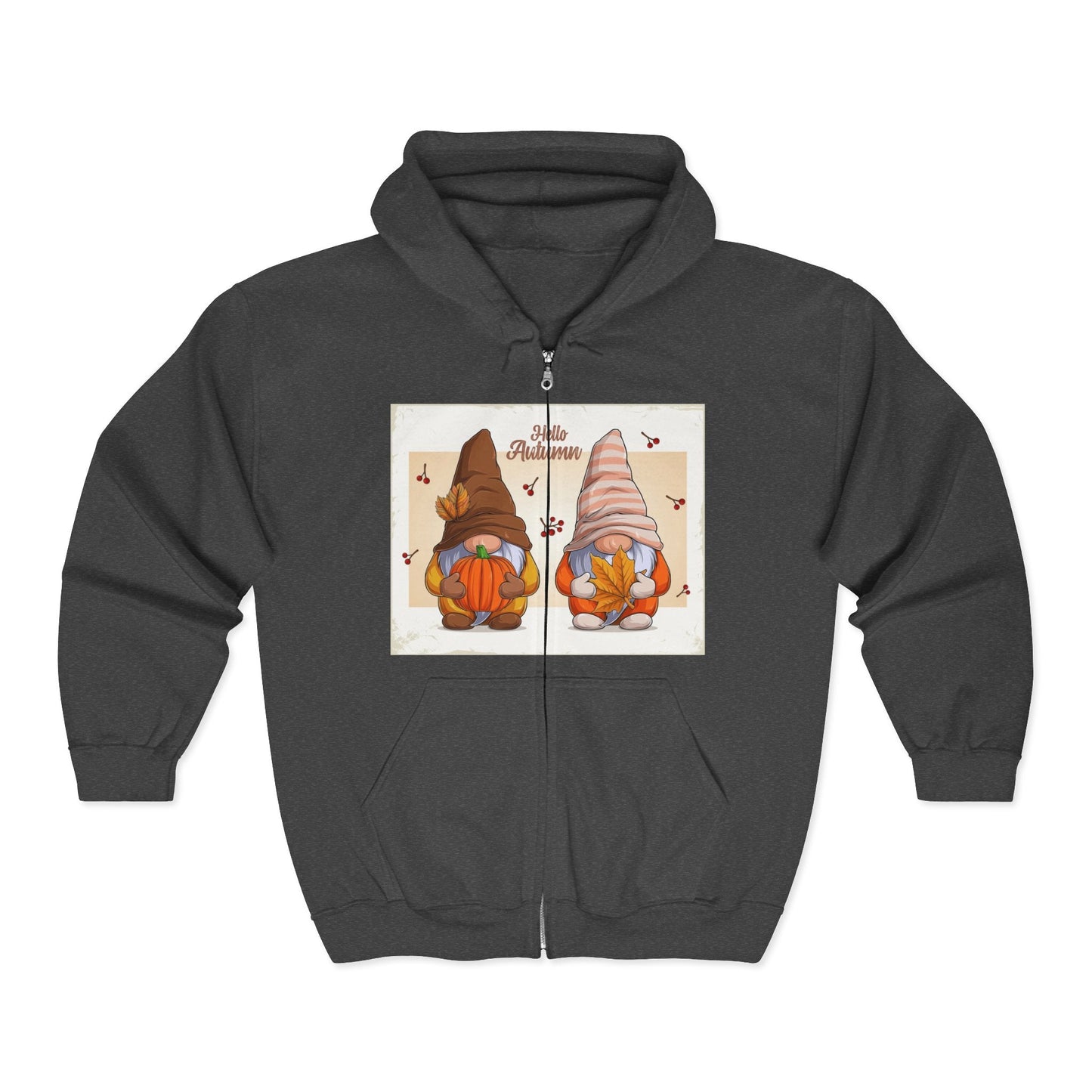 Autumn Gnome Full Zip Hoodie | Cozy Fall Wear, Gift for Gnome Lovers, Halloween Sweatshirt, Thanksgiving Apparel, Seasonal Fashion - MaisonThreadory