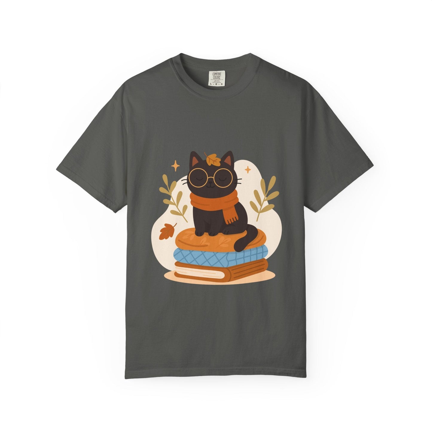 Charming Cat Graphic T-Shirt, Cozy Autumn Tee with Books and Glasses, Perfect for Cat Lovers, Gift for Bookworms, Unisex Fall Fashion - MaisonThreadory