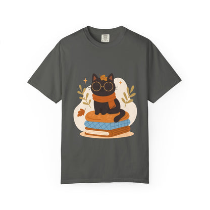 Charming Cat Graphic T-Shirt, Cozy Autumn Tee with Books and Glasses, Perfect for Cat Lovers, Gift for Bookworms, Unisex Fall Fashion - MaisonThreadory