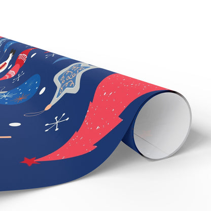 Christmas Gnome Wrapping Paper Roll — Blue Holiday Gift Wrap with Trees & Ornaments - MaisonThreadory