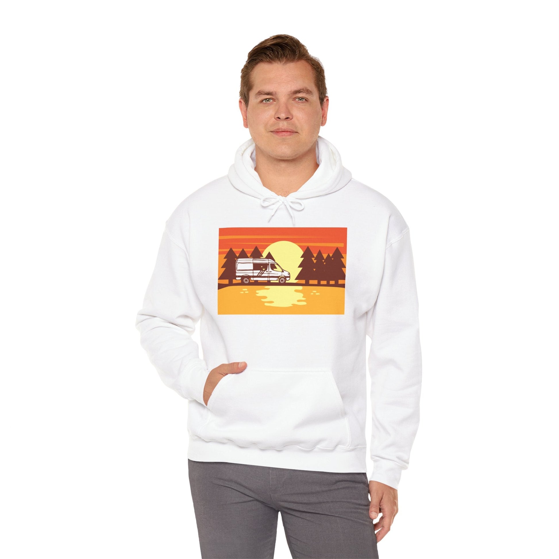 Retro Camping Sunset Hoodie, Cozy Outdoor Sweatshirt, Fall Vibes Pullover, Unisex Nature Gift, Adventure Hoodie - MaisonThreadory