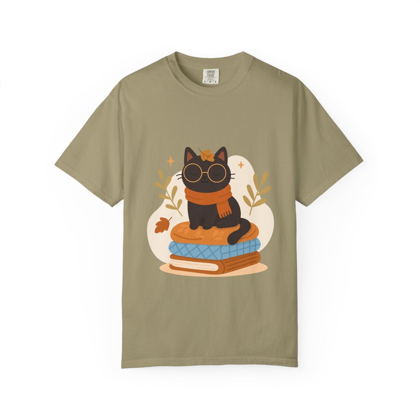 Charming Cat Graphic T-Shirt, Cozy Autumn Tee with Books and Glasses, Perfect for Cat Lovers, Gift for Bookworms, Unisex Fall Fashion - MaisonThreadory