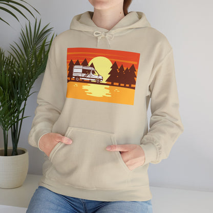 Retro Camping Sunset Hoodie, Cozy Outdoor Sweatshirt, Fall Vibes Pullover, Unisex Nature Gift, Adventure Hoodie - MaisonThreadory
