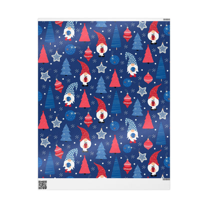 Christmas Gnome Wrapping Paper Roll — Blue Holiday Gift Wrap with Trees & Ornaments - MaisonThreadory