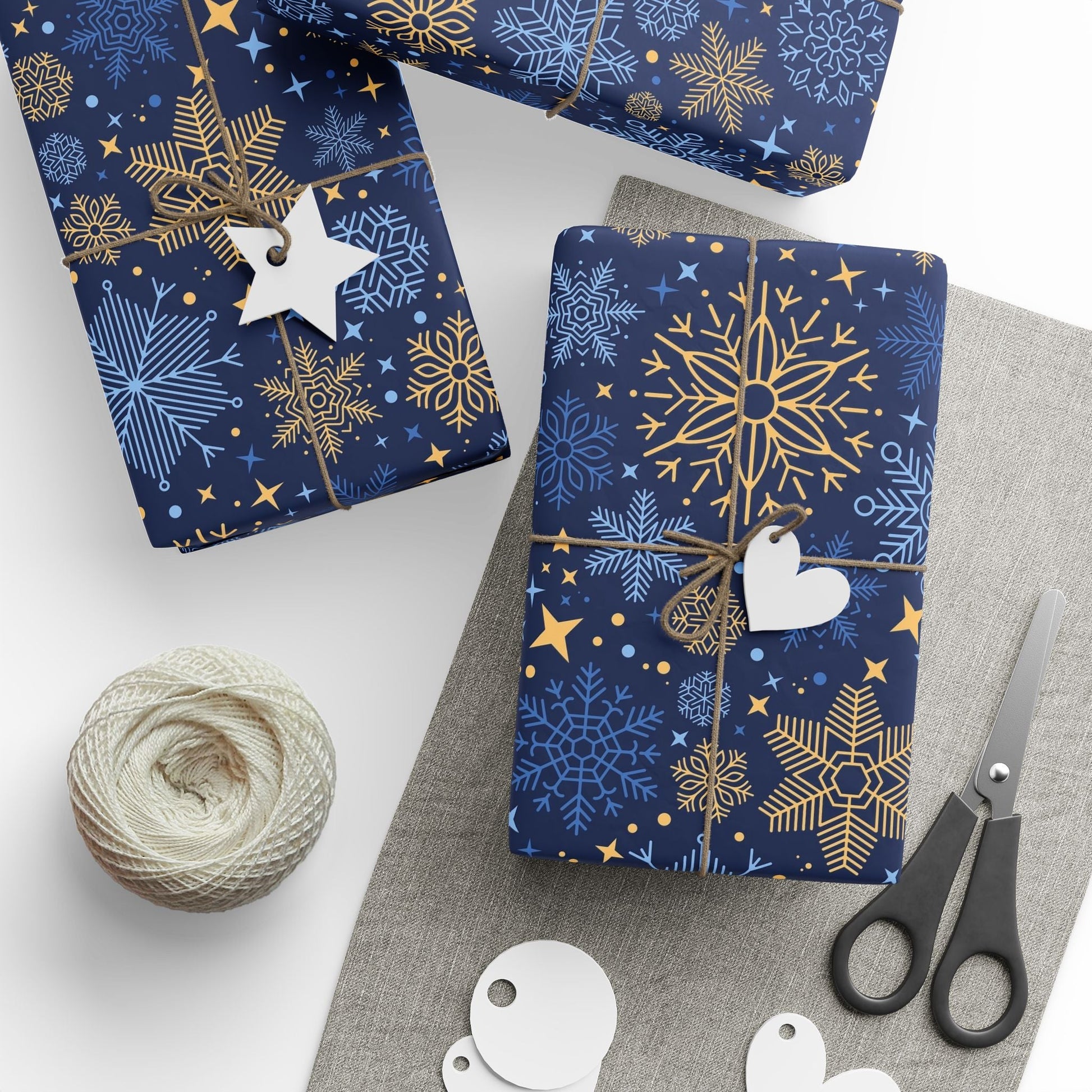 Holiday Snowflake Wrapping Paper - Navy & Gold Gift Wrap - MaisonThreadory