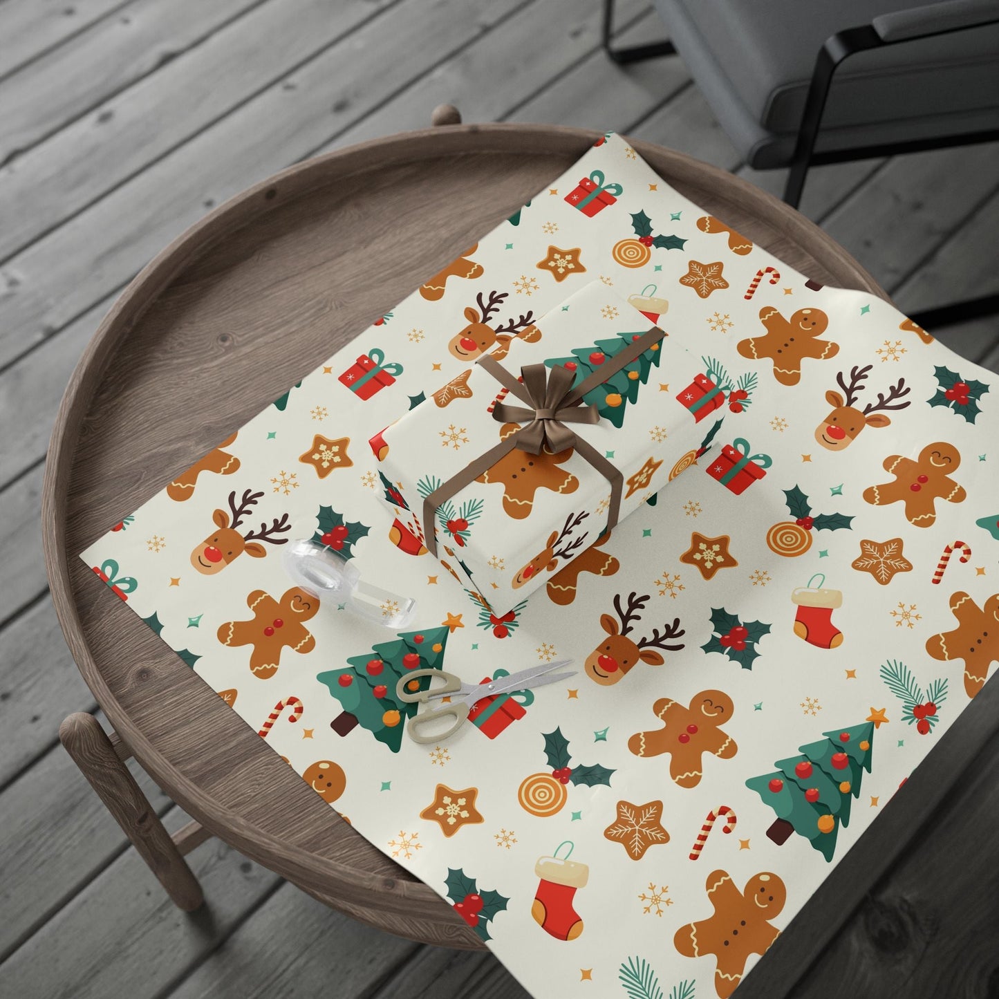 Christmas Gingerbread Wrapping Paper Roll — Holiday Gift Wrap with Trees, Reindeer & Cookies - MaisonThreadory