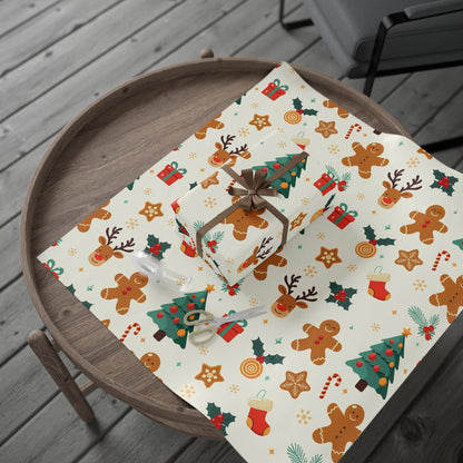 Christmas Gingerbread Wrapping Paper Roll — Holiday Gift Wrap with Trees, Reindeer & Cookies - MaisonThreadory