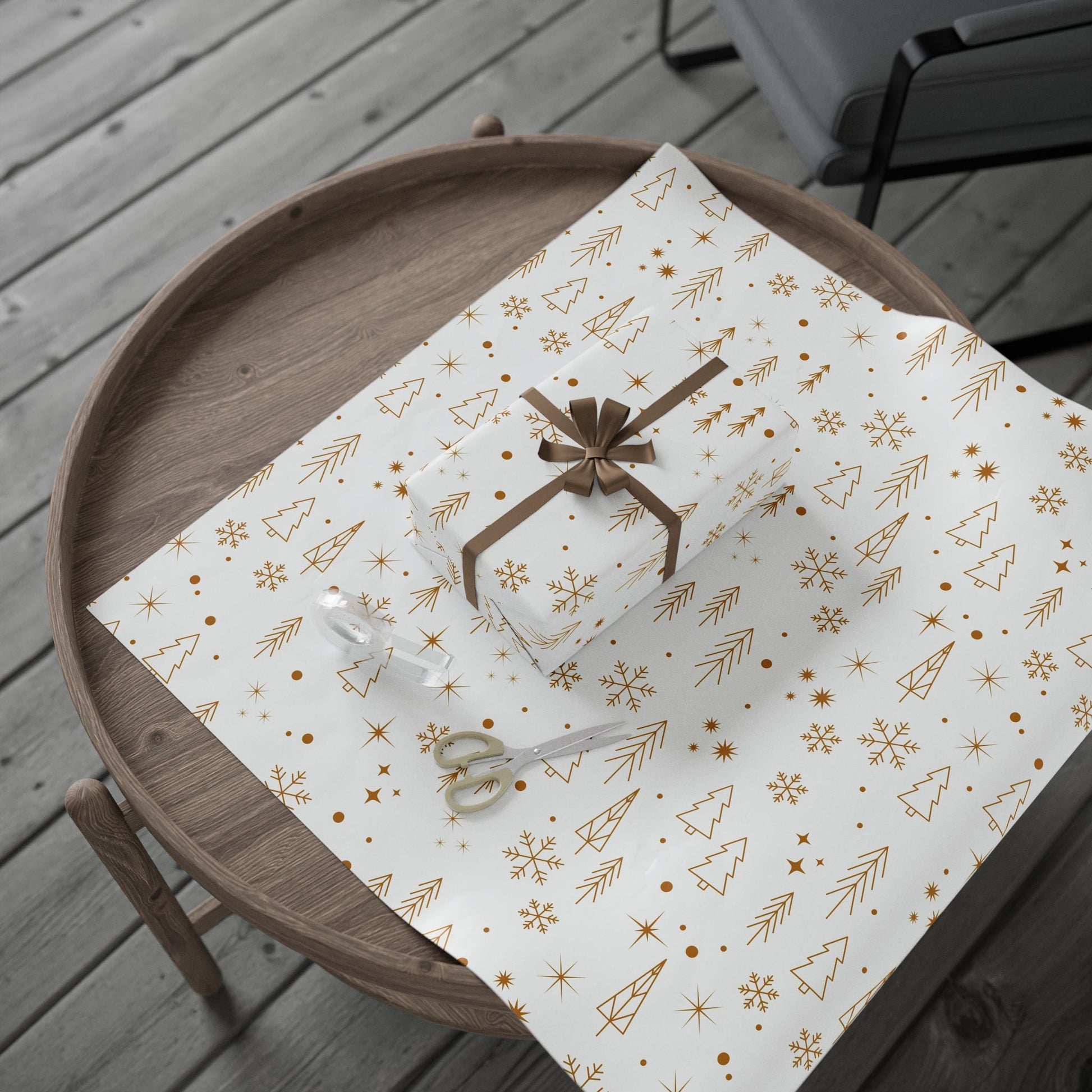 Holiday Gold Tree Wrapping Paper — Minimal White & Metallic Christmas Gift Wrap - MaisonThreadory