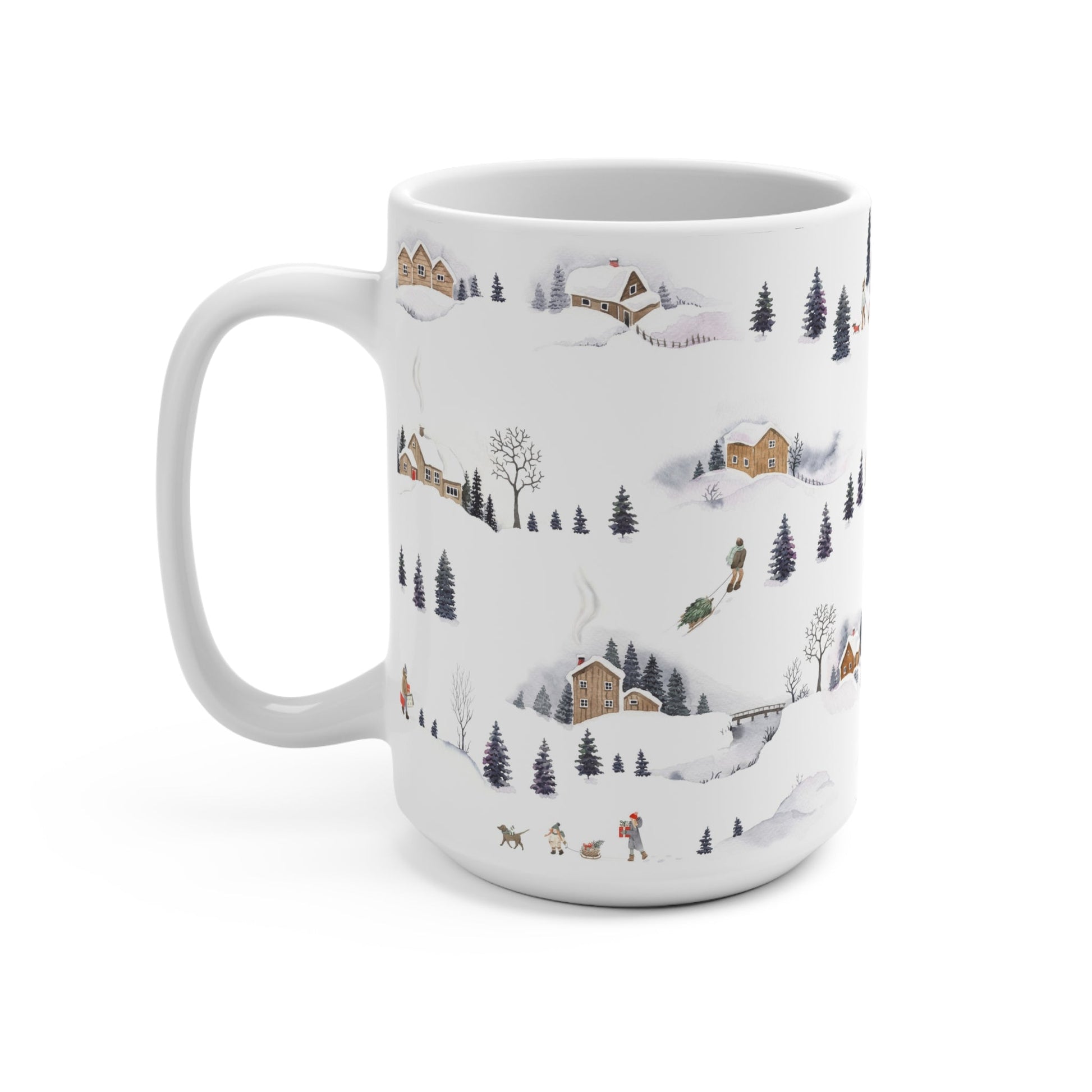 Cozy Winter Scene Mug, Hand - Drawn Nature Design, Perfect for Holiday Gifting, Snowy Landscape Coffee Cup, Winter Decor - MaisonThreadory