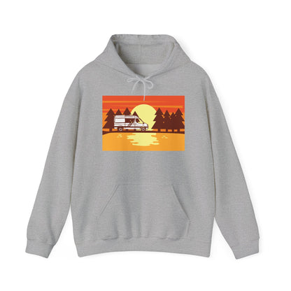 Retro Camping Sunset Hoodie, Cozy Outdoor Sweatshirt, Fall Vibes Pullover, Unisex Nature Gift, Adventure Hoodie - MaisonThreadory