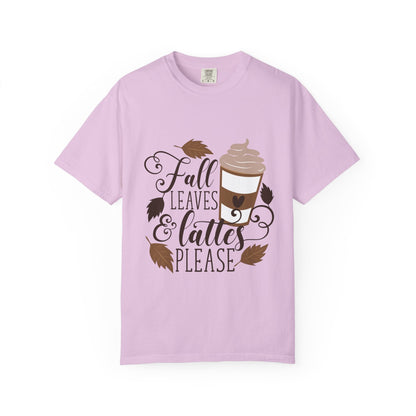 Fall Leaves & Lattes Unisex T-Shirt, Cozy Autumn Tee, Perfect for Fall, Coffee Lovers Gift, Seasonal Fashion Statement, Thanksgiving Shirt - MaisonThreadory